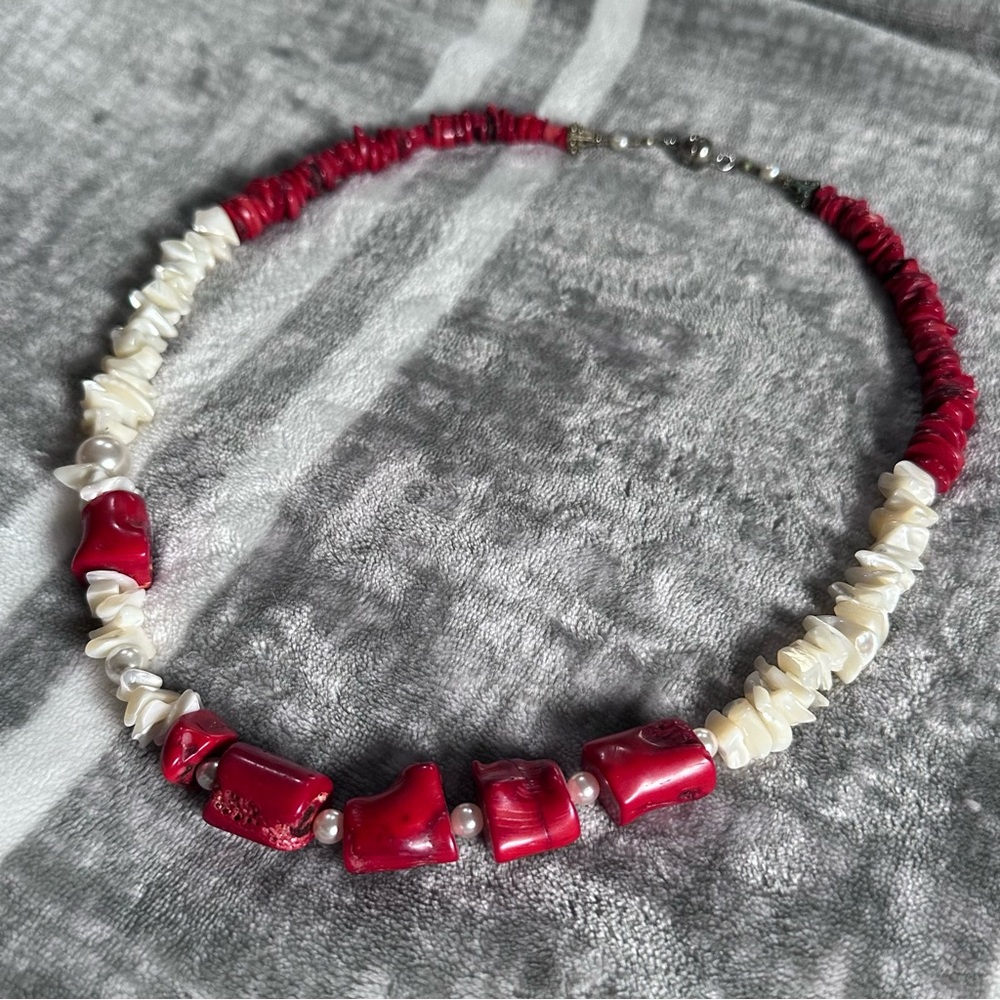 Chucky Statement Necklace 26” Long Red Coral Shells Pearls Magnetic Clasp - Picture 10 of 15